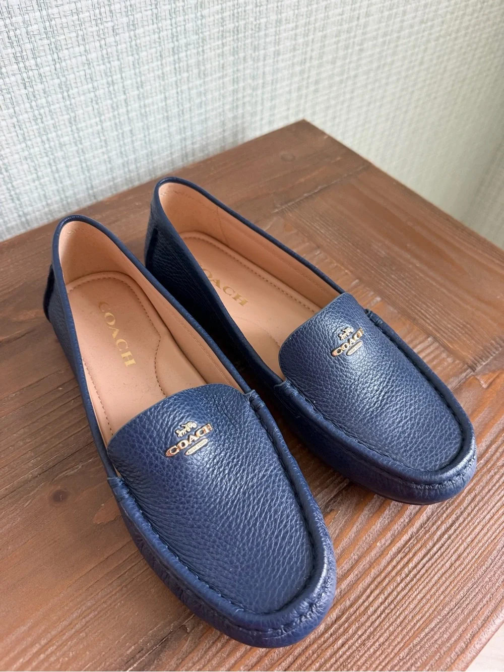 Coach Navy Blue Leather Penny Loafers with Gold hardware